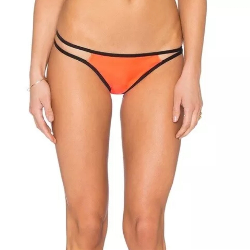 Pilyq Omni Strappy Troy Full Bikini Bottoms In Neon Orange/Black Size Med